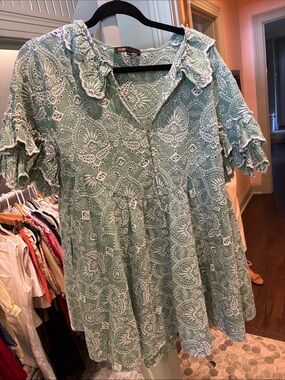 Maje Mint Green Eyelet Ruffle Tunic